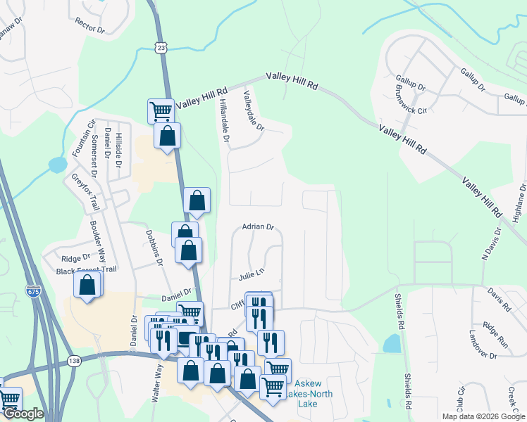 map of restaurants, bars, coffee shops, grocery stores, and more near 446 Grove Hill Drive in Stockbridge