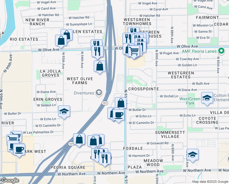 map of restaurants, bars, coffee shops, grocery stores, and more near 8610 North 91st Avenue in Peoria