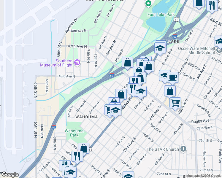 map of restaurants, bars, coffee shops, grocery stores, and more near 225 75th Street North in Birmingham