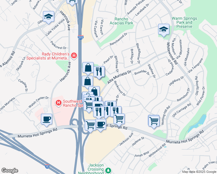 map of restaurants, bars, coffee shops, grocery stores, and more near 25280 Shadescale Drive in Murrieta