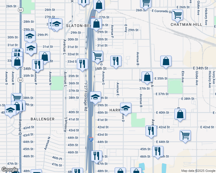 map of restaurants, bars, coffee shops, grocery stores, and more near 702 37th Street in Lubbock