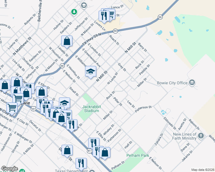 map of restaurants, bars, coffee shops, grocery stores, and more near 905 North Lamb Street in Bowie