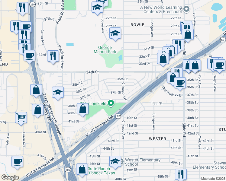 map of restaurants, bars, coffee shops, grocery stores, and more near 5514 37th Street in Lubbock