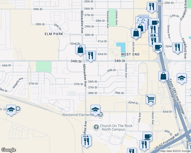 map of restaurants, bars, coffee shops, grocery stores, and more near 6409 35th Street in Lubbock