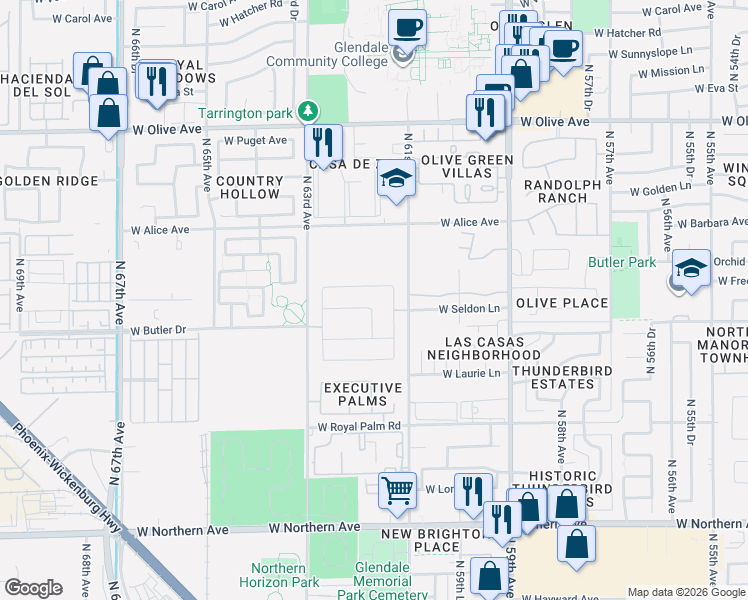 map of restaurants, bars, coffee shops, grocery stores, and more near 6162 West Freeway Lane in Glendale