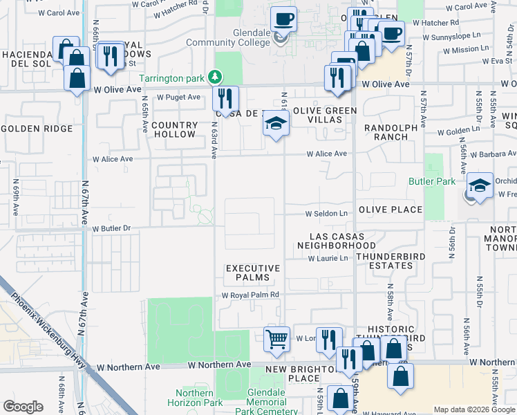 map of restaurants, bars, coffee shops, grocery stores, and more near 6162 West Freeway Lane in Glendale