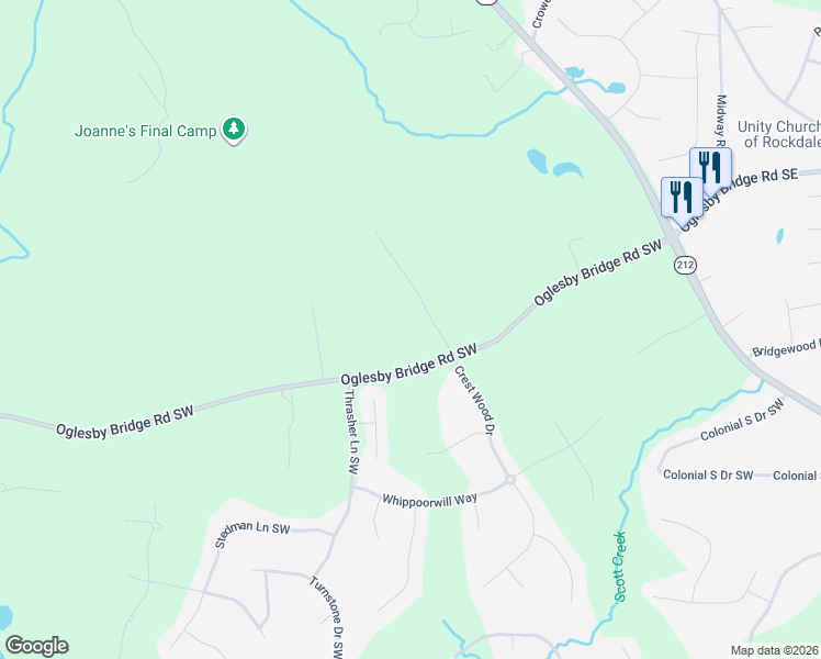 map of restaurants, bars, coffee shops, grocery stores, and more near 2161 Oglesby Bridge Road Southwest in Conyers