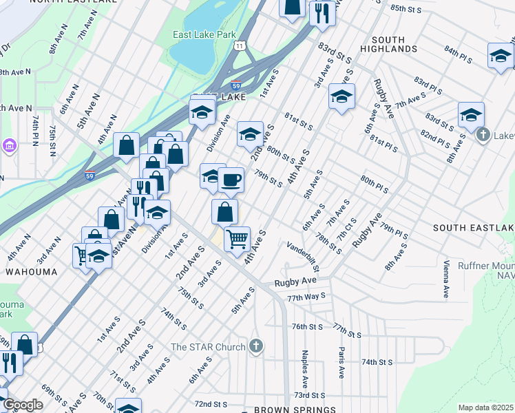 map of restaurants, bars, coffee shops, grocery stores, and more near 309 78th Street South in Birmingham