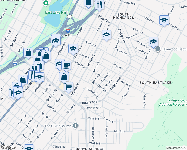 map of restaurants, bars, coffee shops, grocery stores, and more near 7837 5th Avenue South in Birmingham