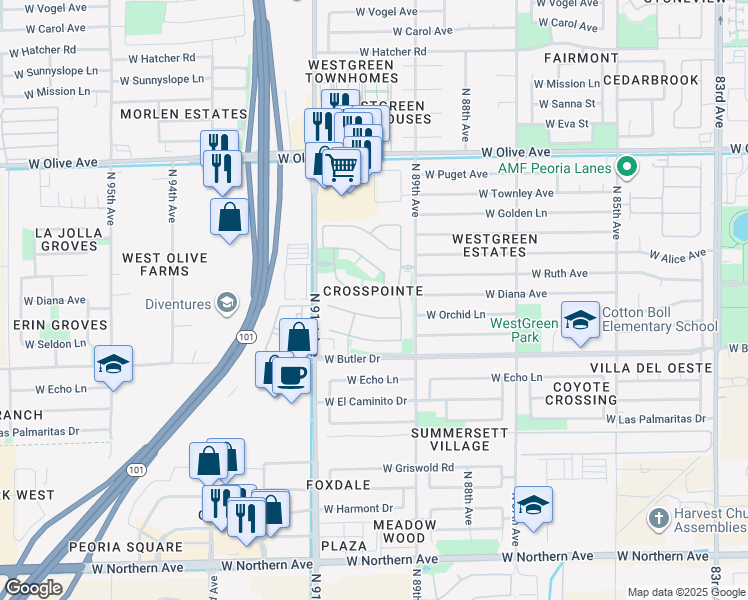 map of restaurants, bars, coffee shops, grocery stores, and more near 8967 West Diana Avenue in Peoria