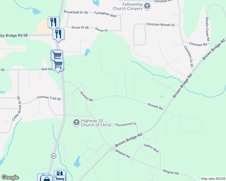 map of restaurants, bars, coffee shops, grocery stores, and more near 1120 Kinnett Road in Covington