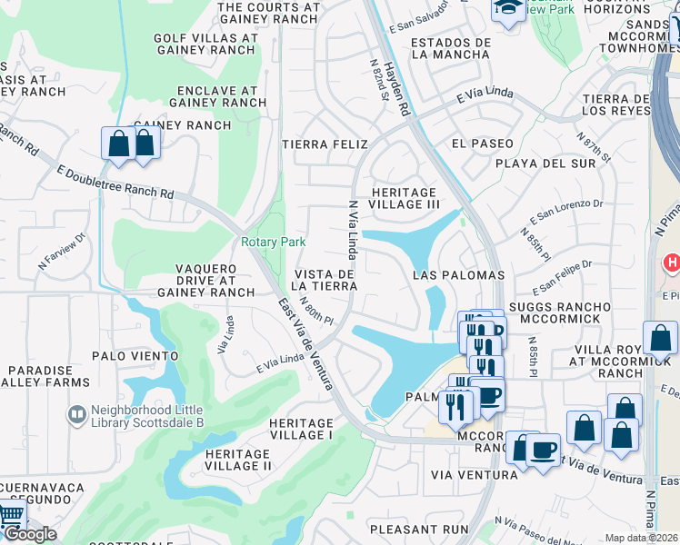 map of restaurants, bars, coffee shops, grocery stores, and more near 8106 East Del Cristal Drive in Scottsdale
