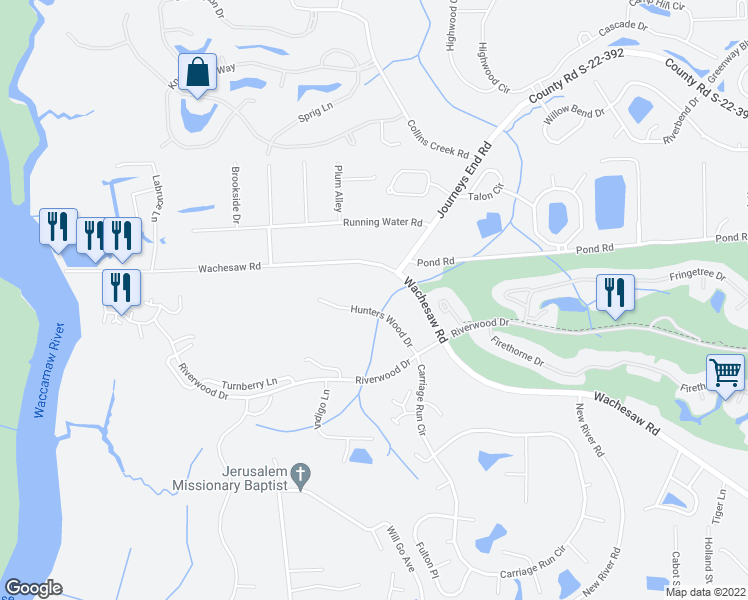 map of restaurants, bars, coffee shops, grocery stores, and more near 4345 Hunters Wood Drive in Murrells Inlet