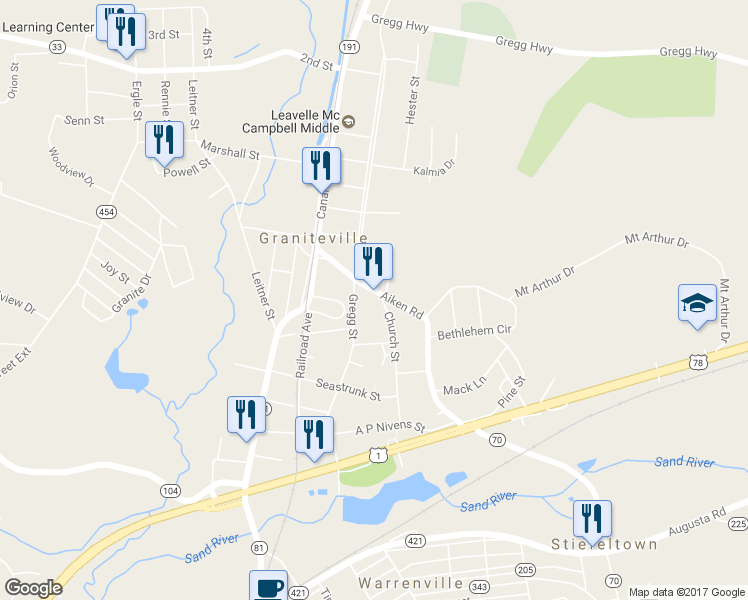 map of restaurants, bars, coffee shops, grocery stores, and more near 212 Aiken Rd in Graniteville
