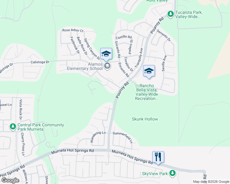 map of restaurants, bars, coffee shops, grocery stores, and more near 31553 Whitefield Court in Murrieta