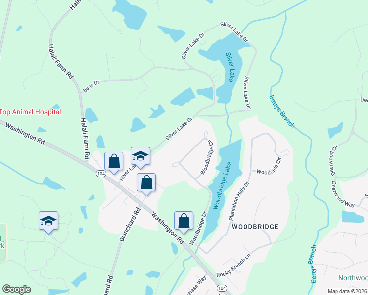 map of restaurants, bars, coffee shops, grocery stores, and more near 23 Woodbridge Circle in Evans