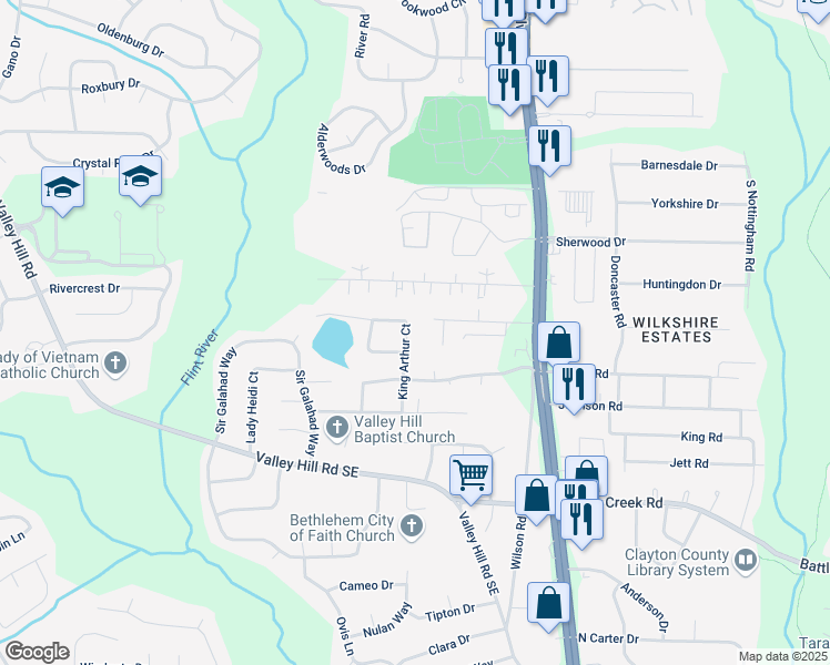 map of restaurants, bars, coffee shops, grocery stores, and more near 443 King Arthur Court in Jonesboro