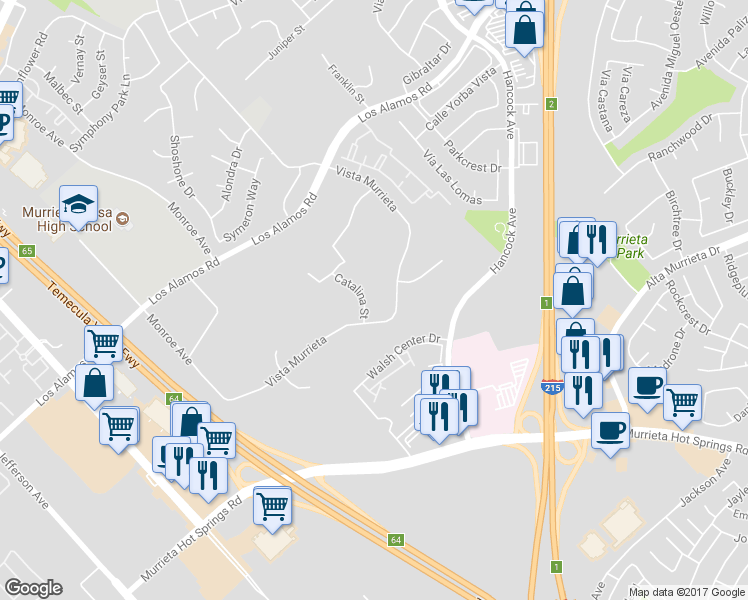 map of restaurants, bars, coffee shops, grocery stores, and more near 25256 Catalina Street in Murrieta