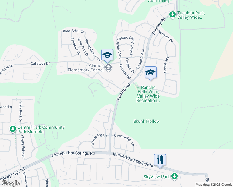map of restaurants, bars, coffee shops, grocery stores, and more near 31553 Whitefield Court in Murrieta