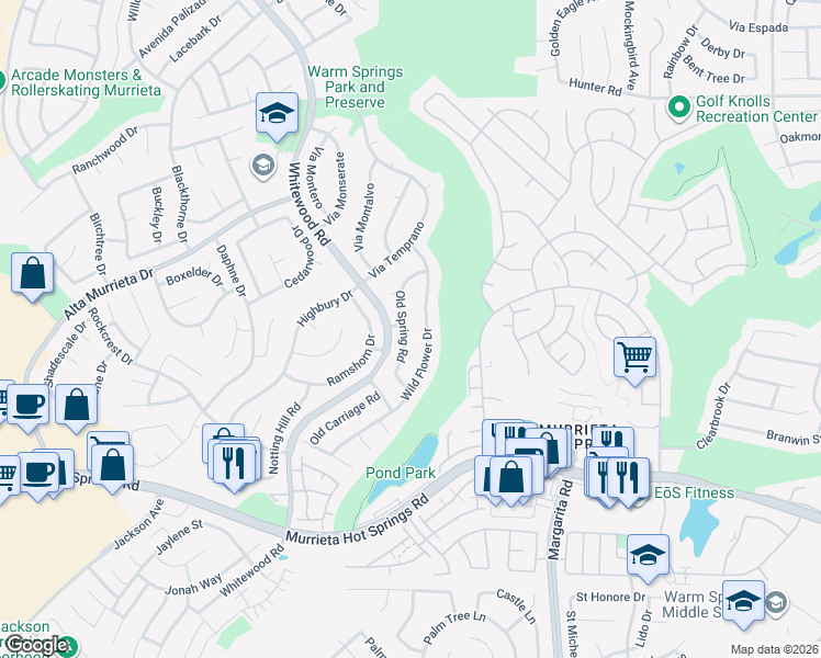 map of restaurants, bars, coffee shops, grocery stores, and more near 39660 Old Spring Road in Murrieta