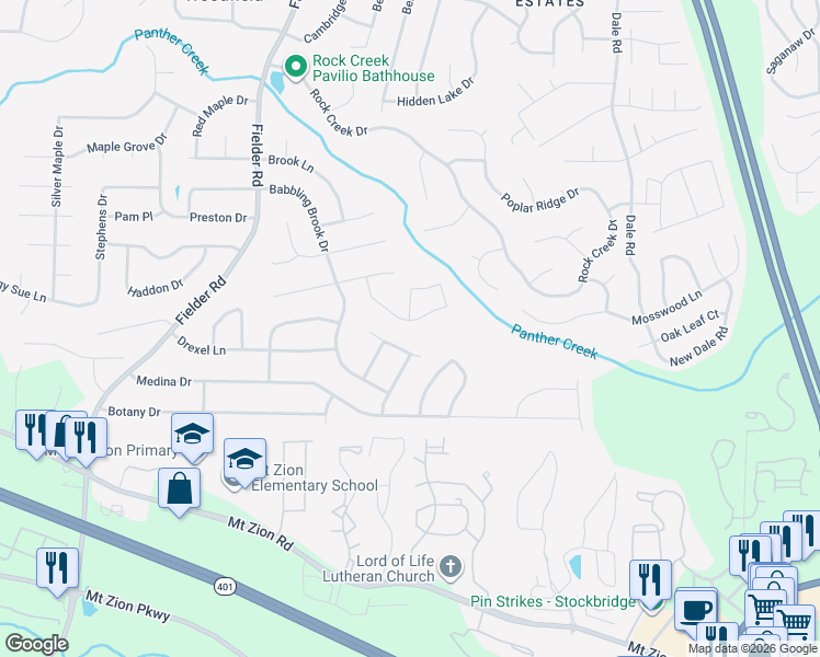 map of restaurants, bars, coffee shops, grocery stores, and more near 3189 Glen Hollow Drive in Rex