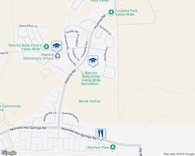 map of restaurants, bars, coffee shops, grocery stores, and more near 31757 Browning Street in Murrieta