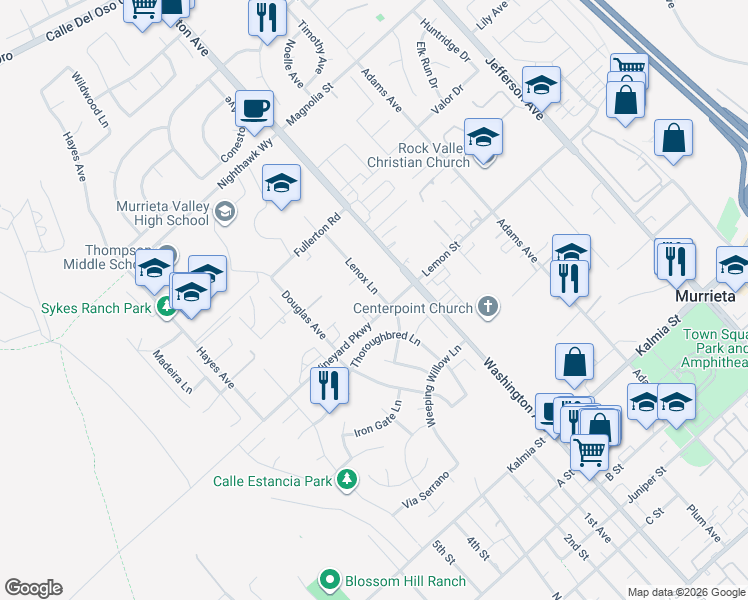 map of restaurants, bars, coffee shops, grocery stores, and more near 24285 Lenox Lane in Murrieta