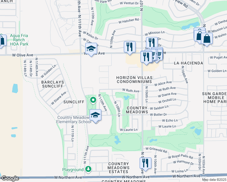 map of restaurants, bars, coffee shops, grocery stores, and more near 8686 North 108th Lane in Peoria