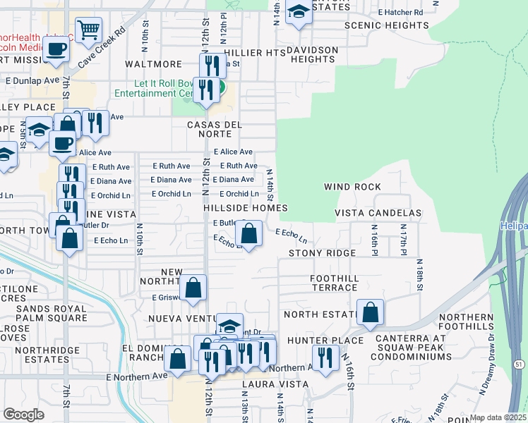 map of restaurants, bars, coffee shops, grocery stores, and more near 8510 North 14th Street in Phoenix