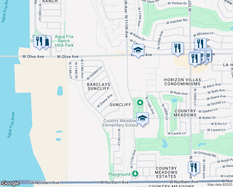 map of restaurants, bars, coffee shops, grocery stores, and more near 8643 North 112th Avenue in Peoria