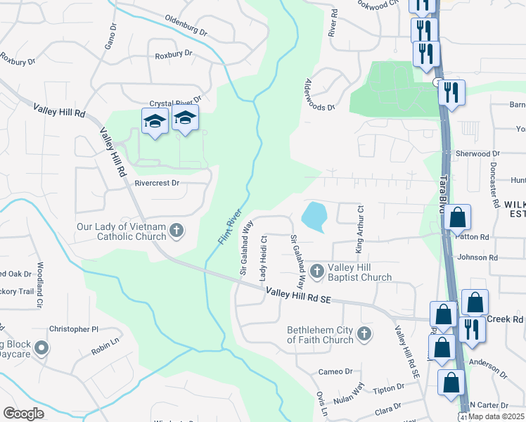 map of restaurants, bars, coffee shops, grocery stores, and more near 7094 Sir Galahad Way in Jonesboro