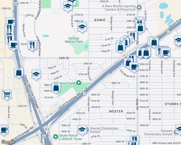 map of restaurants, bars, coffee shops, grocery stores, and more near 3607 Chicago Avenue in Lubbock