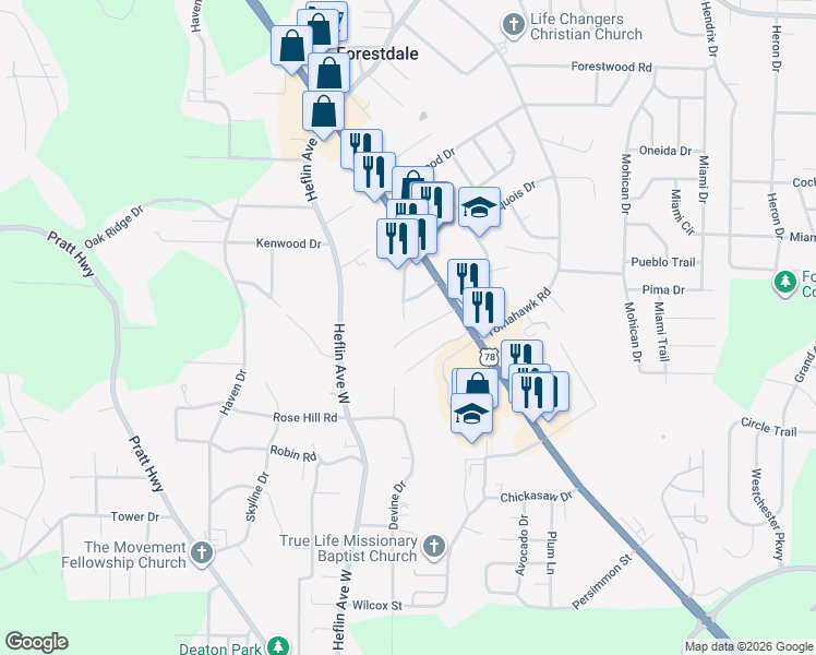 map of restaurants, bars, coffee shops, grocery stores, and more near 146 Cindy Lane in Birmingham