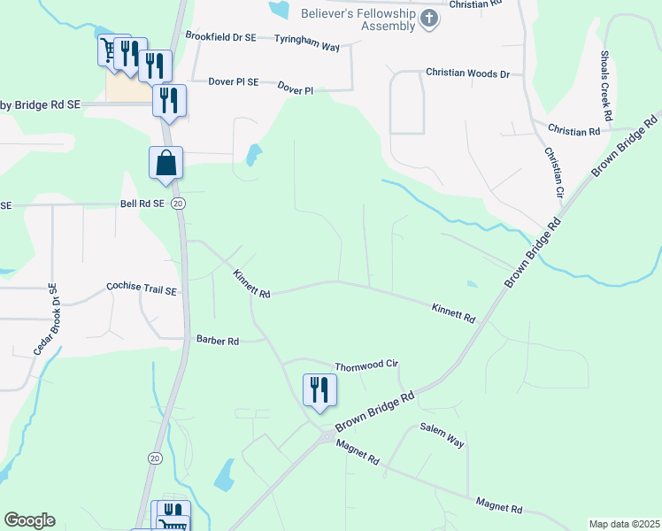 map of restaurants, bars, coffee shops, grocery stores, and more near 1120 Kinnett Road in Covington