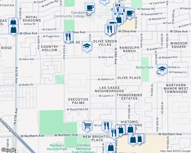 map of restaurants, bars, coffee shops, grocery stores, and more near 8529 North 61st Avenue in Glendale