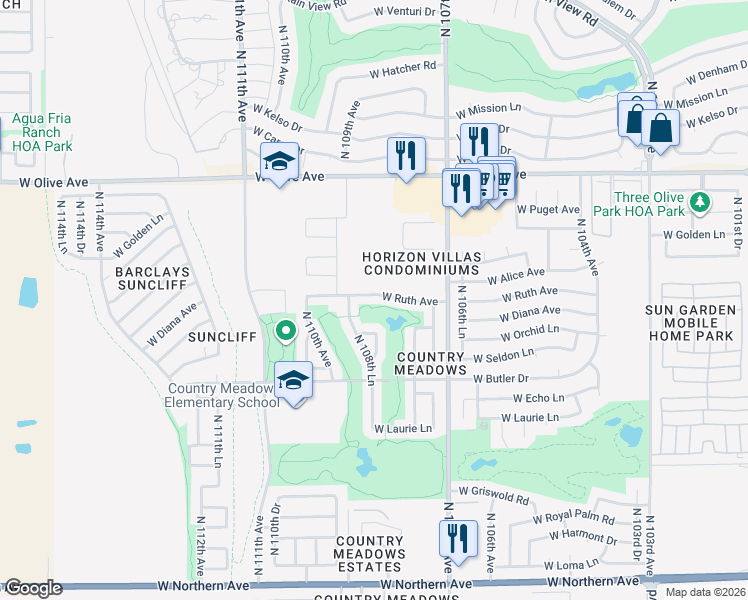 map of restaurants, bars, coffee shops, grocery stores, and more near 10831 West Ruth Avenue in Peoria