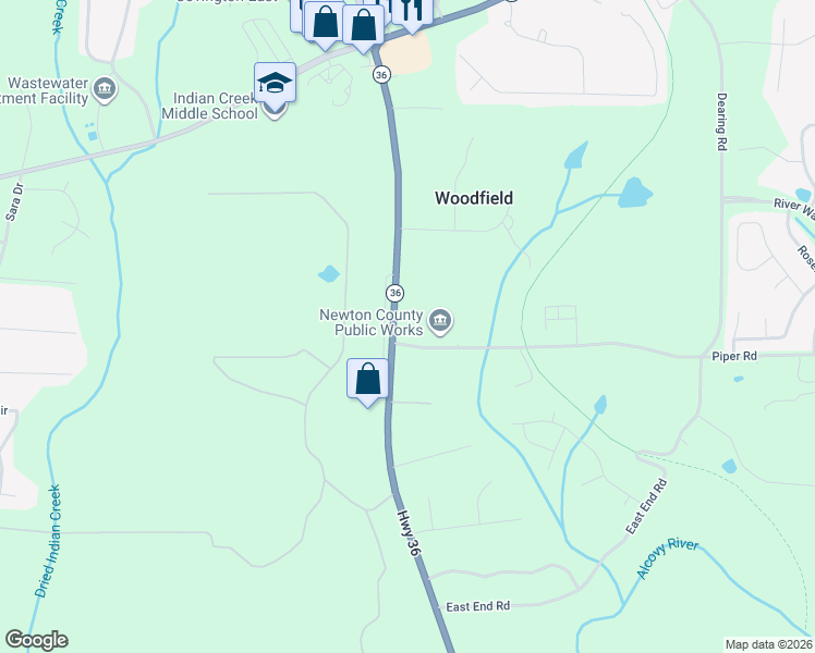 map of restaurants, bars, coffee shops, grocery stores, and more near 10603 Georgia 36 in Covington