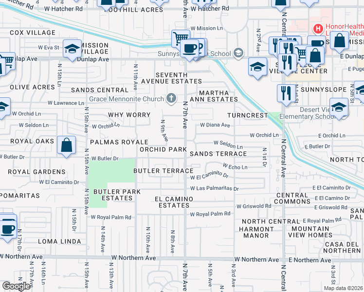 map of restaurants, bars, coffee shops, grocery stores, and more near 702 W Seldon Ln in Phoenix