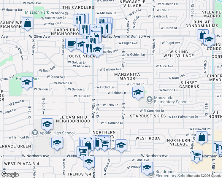 map of restaurants, bars, coffee shops, grocery stores, and more near 4142 West Seldon Lane in Phoenix
