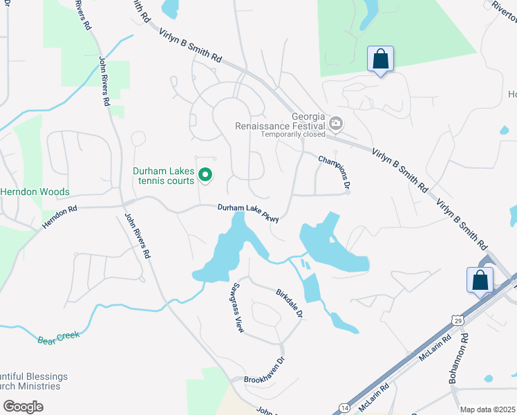 map of restaurants, bars, coffee shops, grocery stores, and more near 150 Durham Lake Parkway in Fairburn
