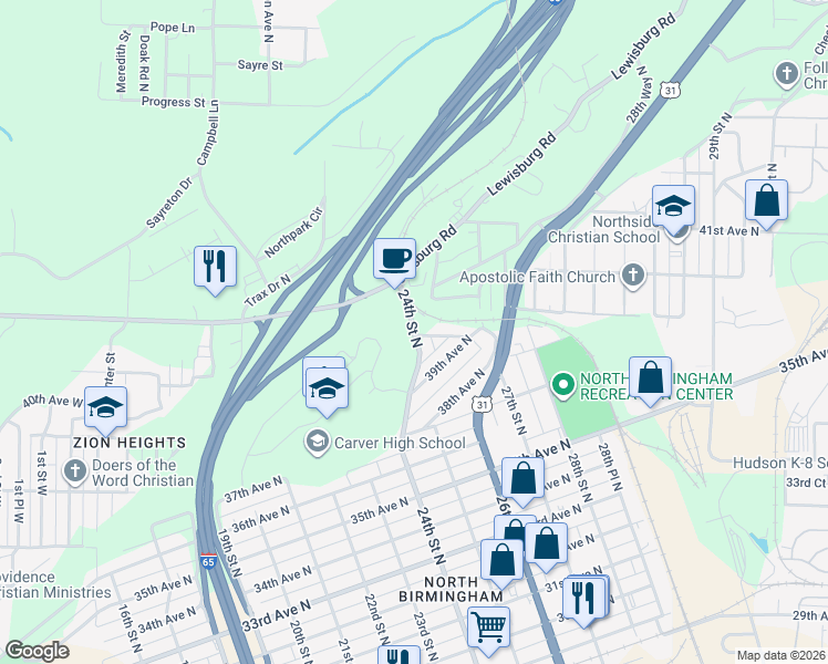 map of restaurants, bars, coffee shops, grocery stores, and more near 3900 24th Street North in Birmingham
