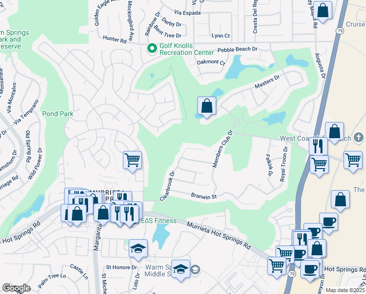 map of restaurants, bars, coffee shops, grocery stores, and more near 38513 Clearbrook Drive in Murrieta