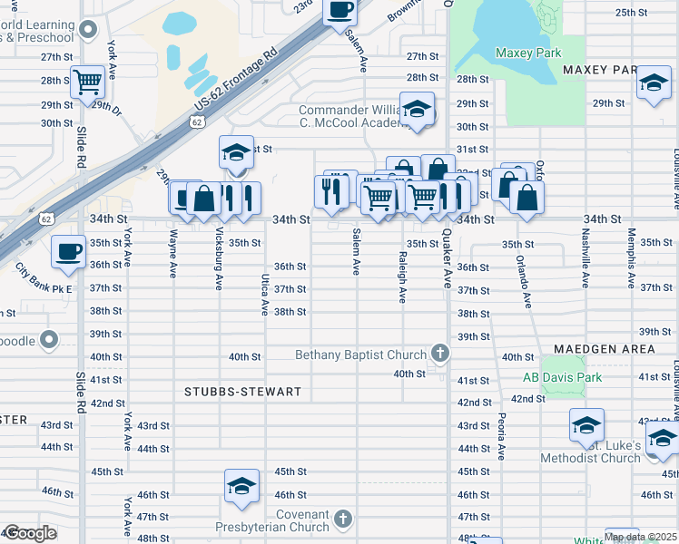 map of restaurants, bars, coffee shops, grocery stores, and more near 4609 36th Street in Lubbock
