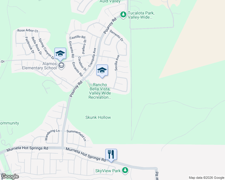 map of restaurants, bars, coffee shops, grocery stores, and more near 31853 Browning Street in Murrieta