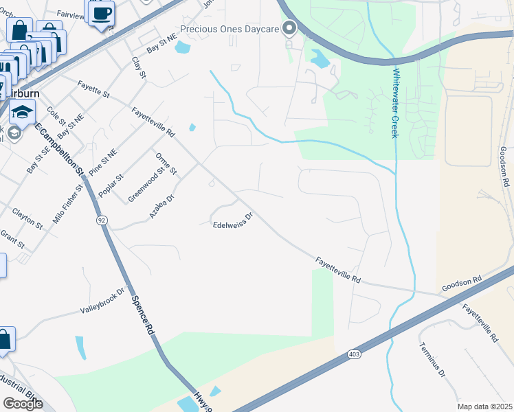 map of restaurants, bars, coffee shops, grocery stores, and more near 494 Fayetteville Road in Fairburn