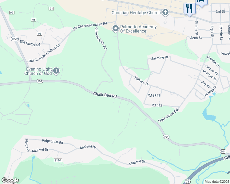 map of restaurants, bars, coffee shops, grocery stores, and more near 258 Chalk Bed Road in Graniteville