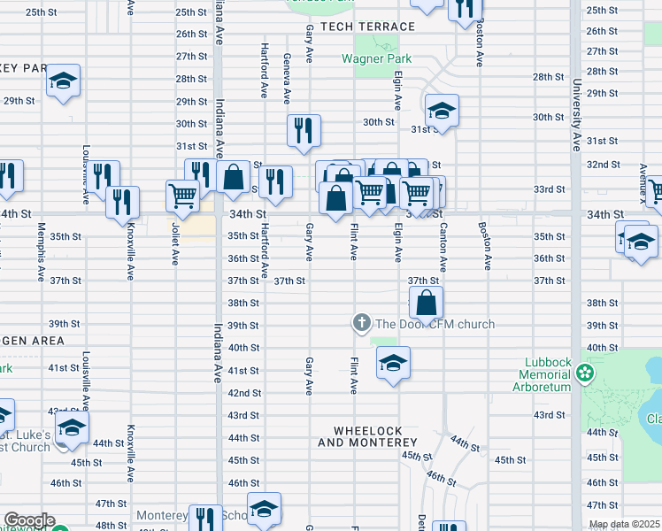 map of restaurants, bars, coffee shops, grocery stores, and more near 3118 37th Street in Lubbock