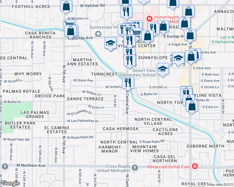map of restaurants, bars, coffee shops, grocery stores, and more near 8511 North 1st Drive in Phoenix