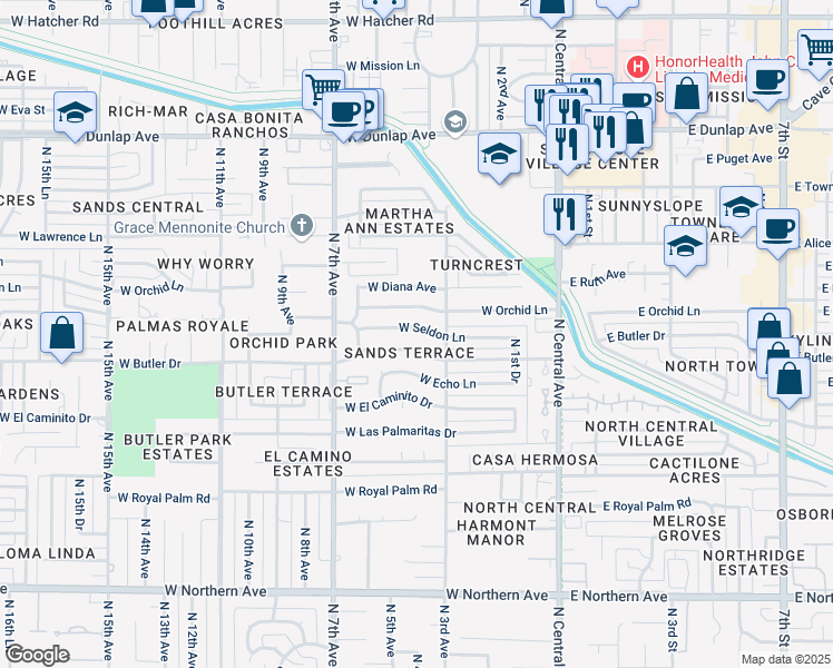 map of restaurants, bars, coffee shops, grocery stores, and more near 342 West Butler Drive in Phoenix