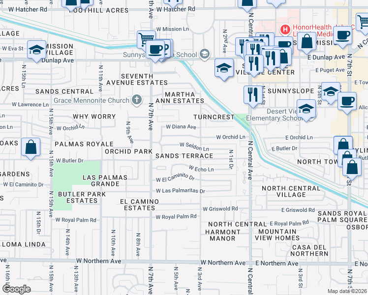 map of restaurants, bars, coffee shops, grocery stores, and more near 342 West Butler Drive in Phoenix